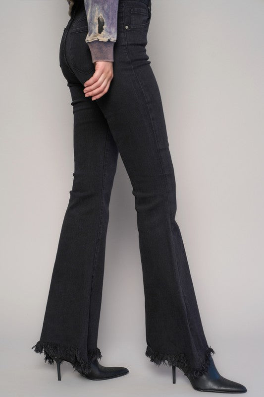 Button Fly Fray Hem Flare Jeans BLACK by Denim Lab USA | Fleurcouture