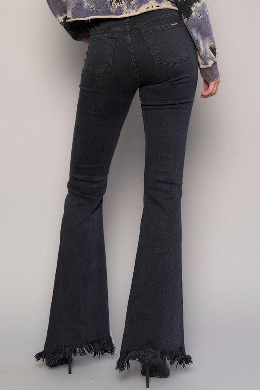 Button Fly Fray Hem Flare Jeans BLACK by Denim Lab USA | Fleurcouture