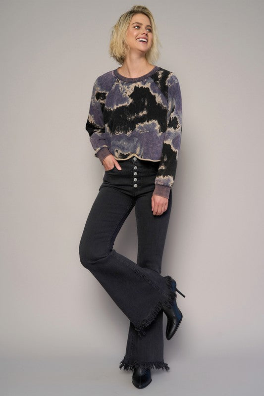 Button Fly Fray Hem Flare Jeans BLACK by Denim Lab USA | Fleurcouture