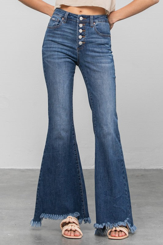 Button Fly Fray Hem Flare Jeans DARK 0/23 by Denim Lab USA | Fleurcouture