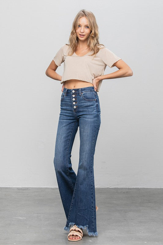 Button Fly Fray Hem Flare Jeans DARK by Denim Lab USA | Fleurcouture