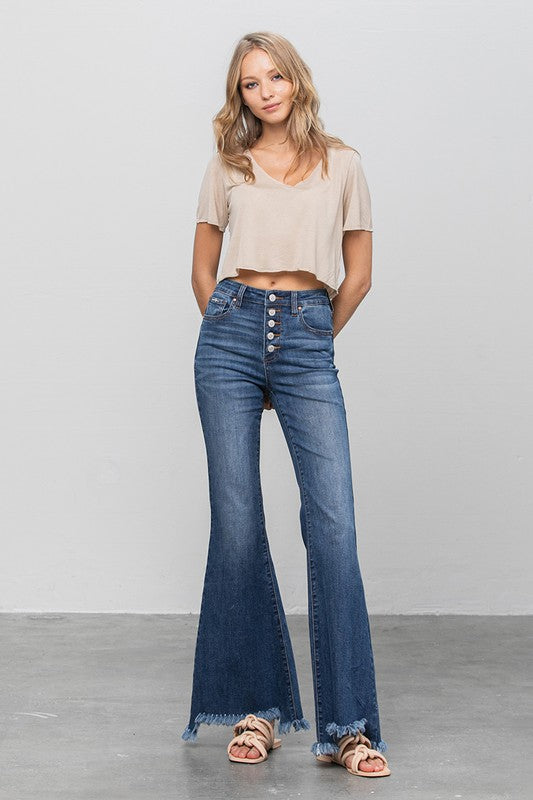 Button Fly Fray Hem Flare Jeans DARK by Denim Lab USA | Fleurcouture