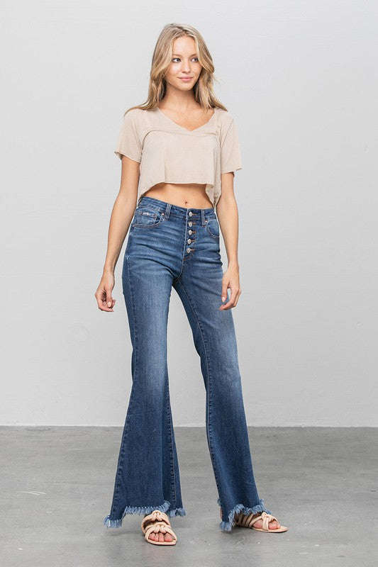 Button Fly Fray Hem Flare Jeans DARK by Denim Lab USA | Fleurcouture