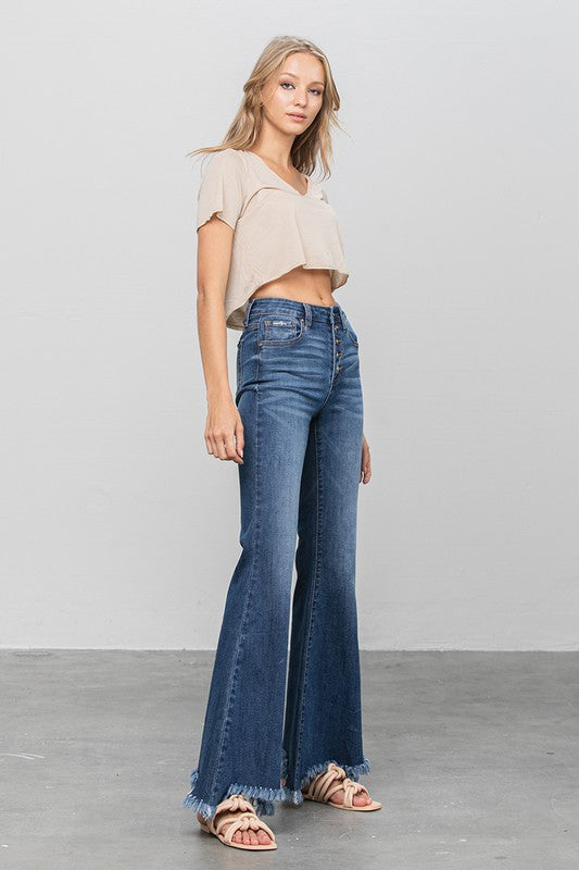 Button Fly Fray Hem Flare Jeans DARK by Denim Lab USA | Fleurcouture