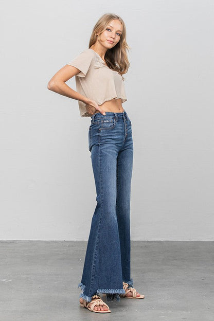 Button Fly Fray Hem Flare Jeans DARK by Denim Lab USA | Fleurcouture