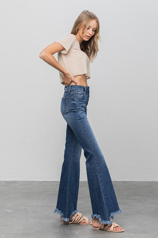 Button Fly Fray Hem Flare Jeans DARK by Denim Lab USA | Fleurcouture