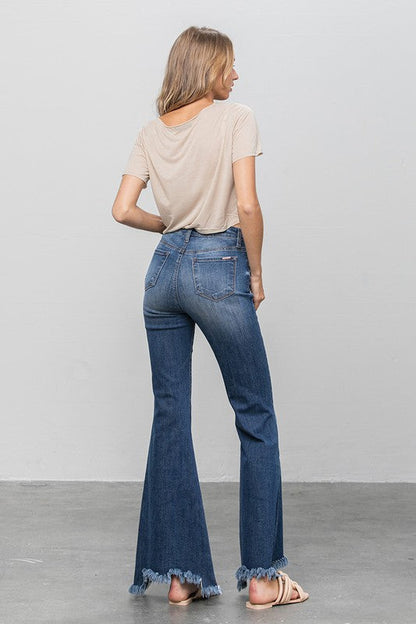 Button Fly Fray Hem Flare Jeans DARK by Denim Lab USA | Fleurcouture