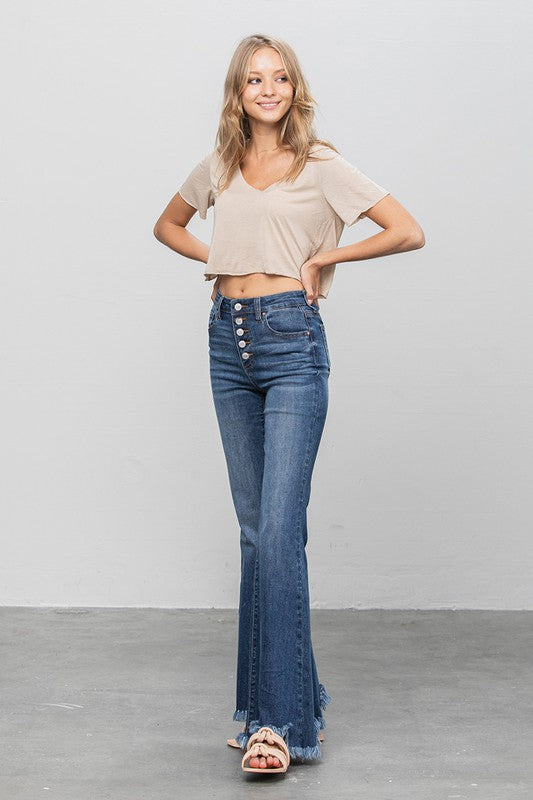 Button Fly Fray Hem Flare Jeans DARK by Denim Lab USA | Fleurcouture