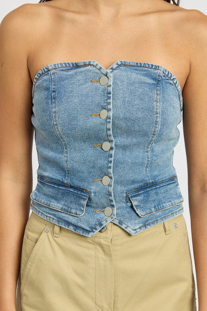 BUTTON FRONT DENIM BUSTIER TOP DENIM by Emory Park | Fleurcouture