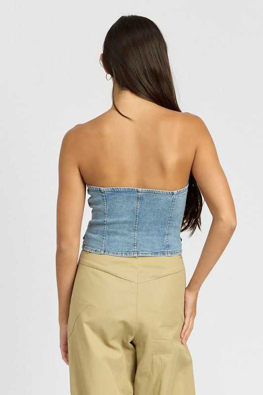 BUTTON FRONT DENIM BUSTIER TOP DENIM by Emory Park | Fleurcouture