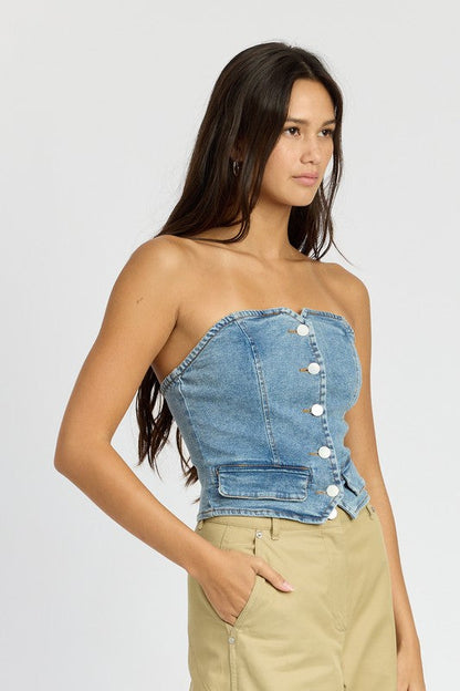 BUTTON FRONT DENIM BUSTIER TOP DENIM by Emory Park | Fleurcouture