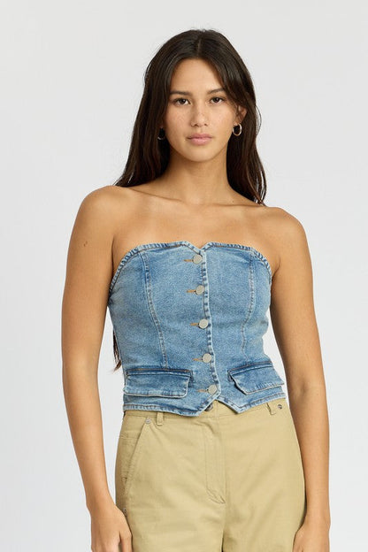 BUTTON FRONT DENIM BUSTIER TOP DENIM S by Emory Park | Fleurcouture