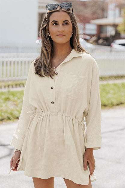 Button-Up Long Sleeve Collared Neck Mini Dress Beige S by Trendsi | Fleurcouture