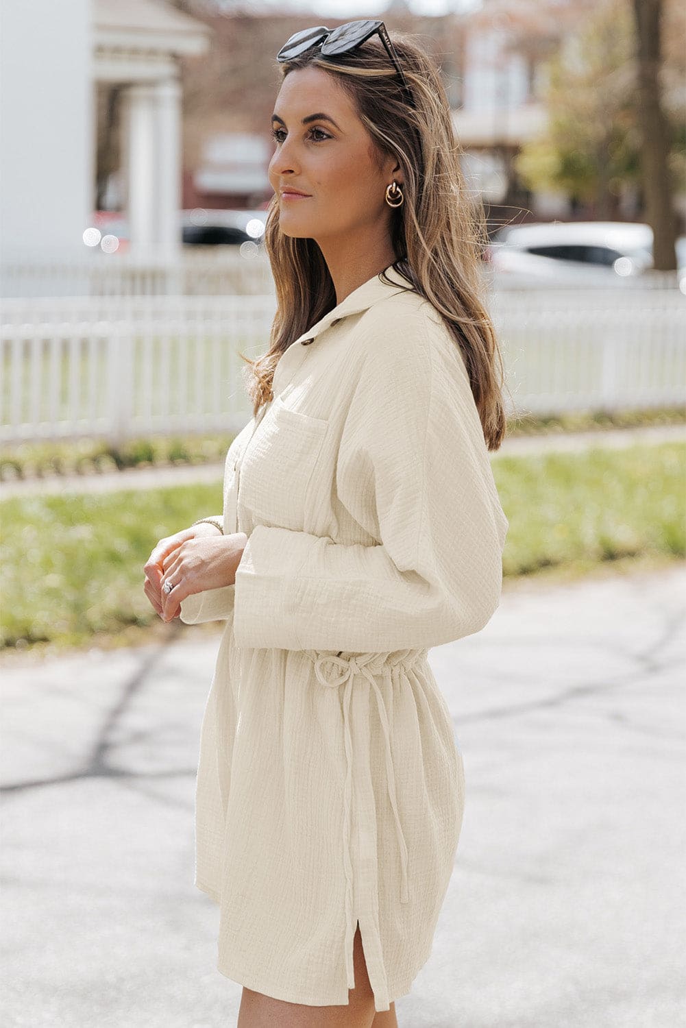 Button-Up Long Sleeve Collared Neck Mini Dress Beige by Trendsi | Fleurcouture