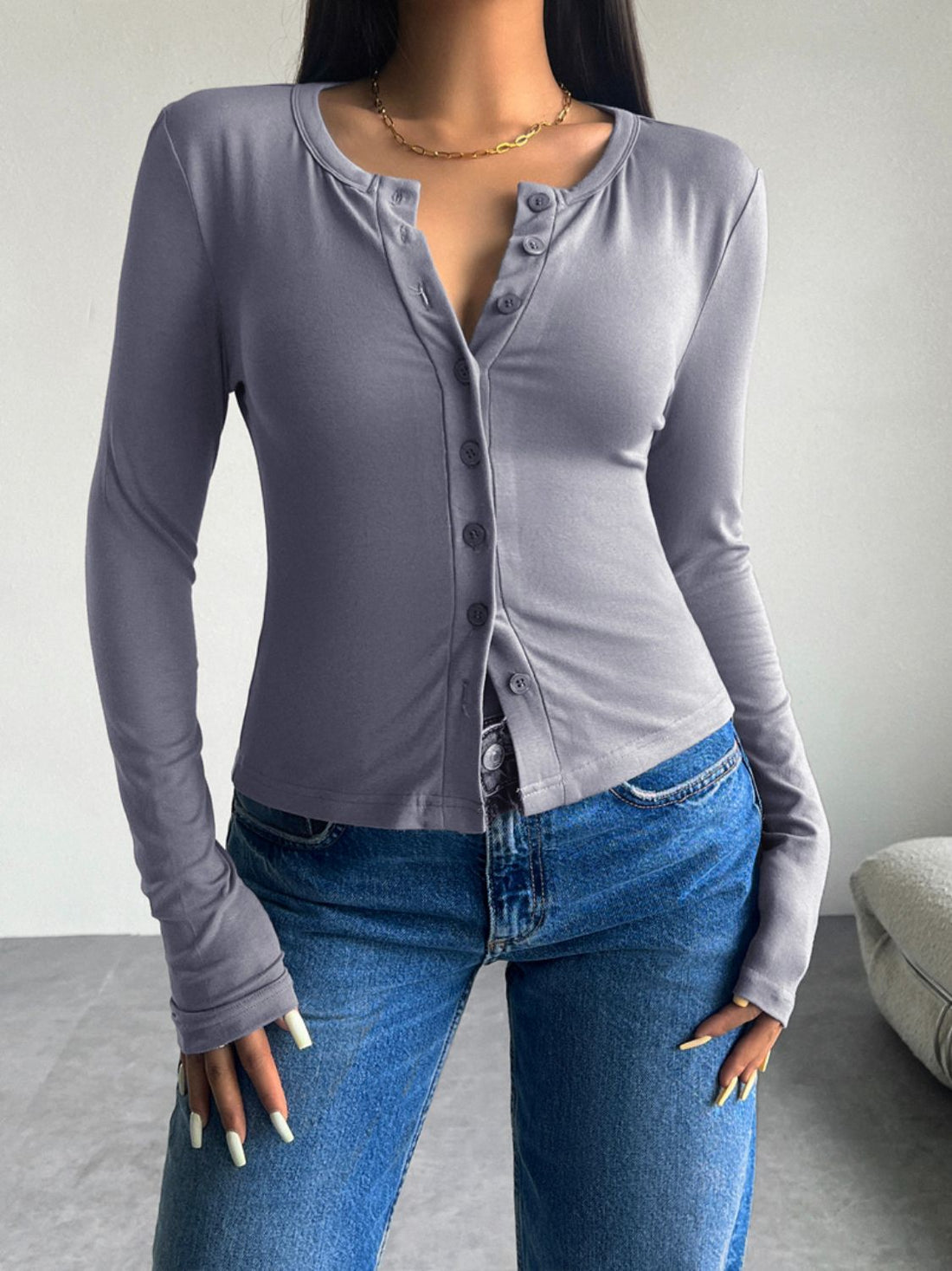 Button Up Long Sleeve T-Shirt Dark Gray S Women&