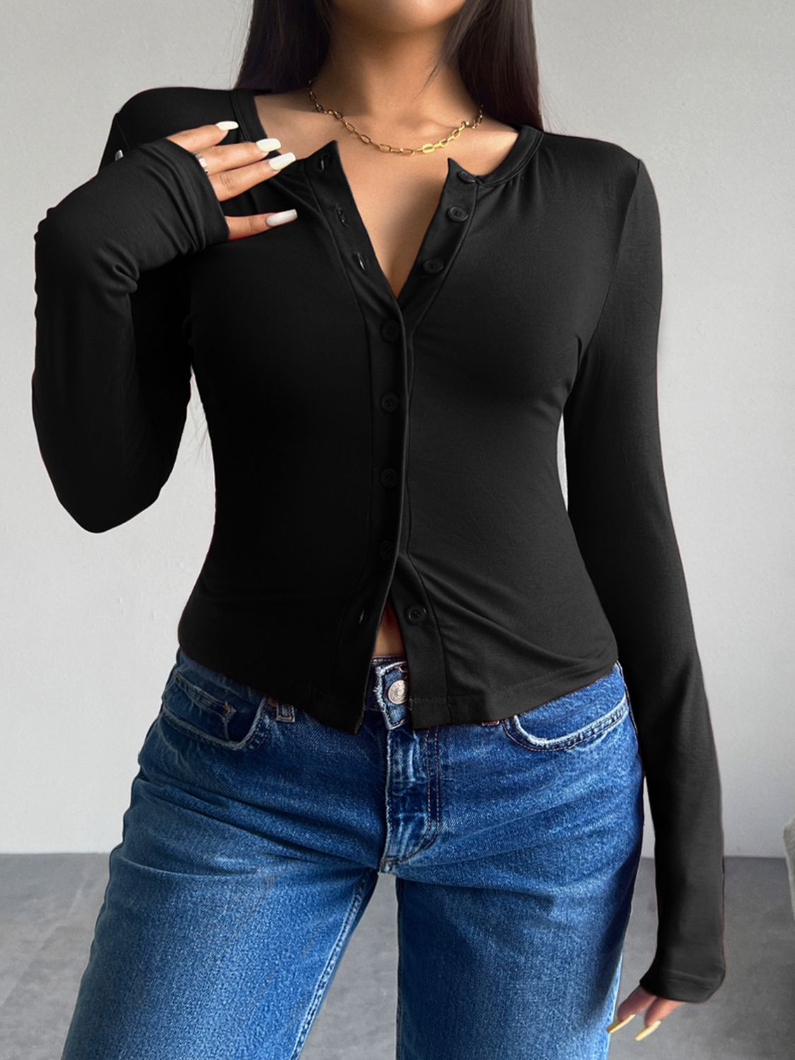 Button Up Long Sleeve T-Shirt Women&