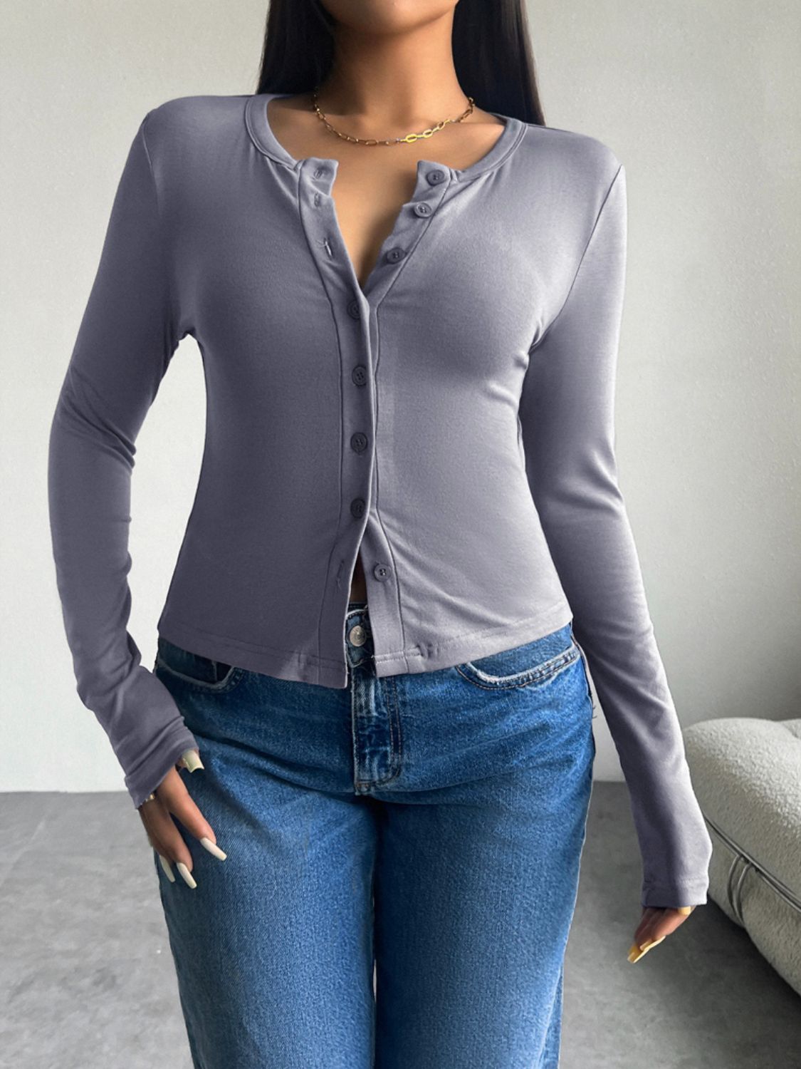 Button Up Long Sleeve T-Shirt Women&