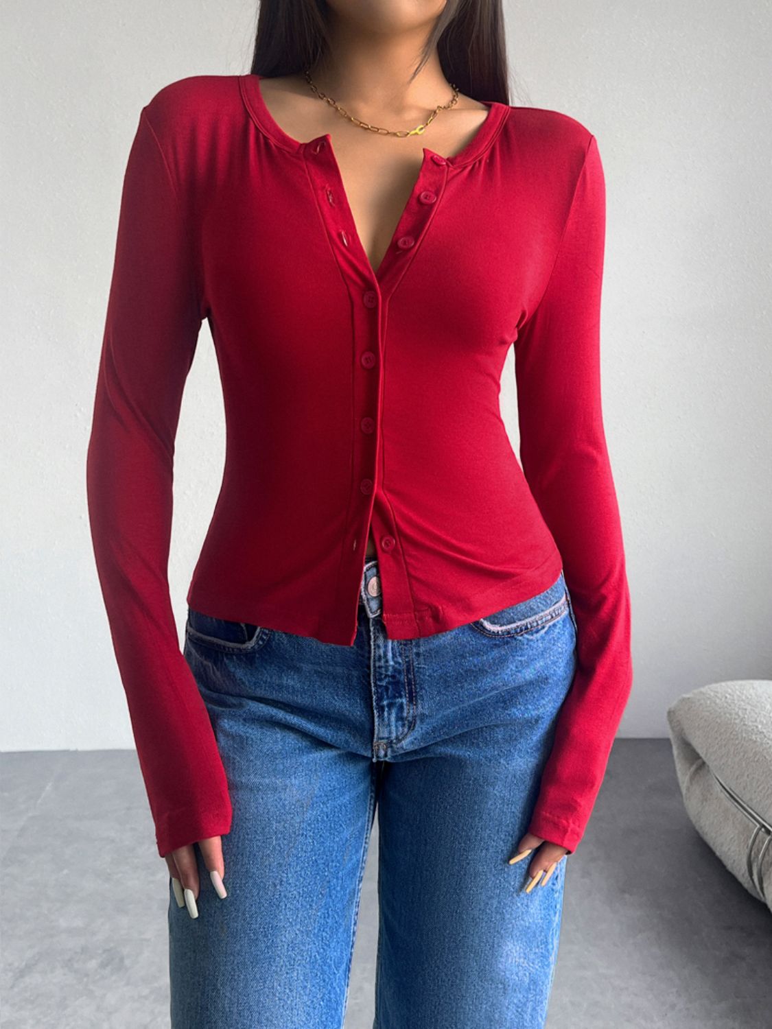 Button Up Long Sleeve T-Shirt Women&