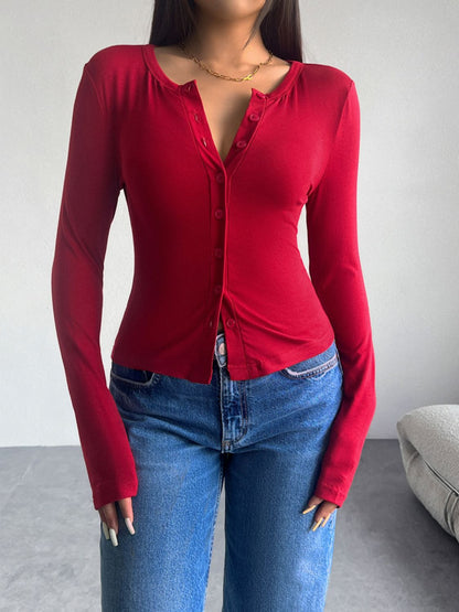Button Up Long Sleeve T-Shirt Women&