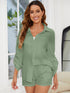 Button Up Long Sleeve Top and Shorts Set Matcha Green S Women&