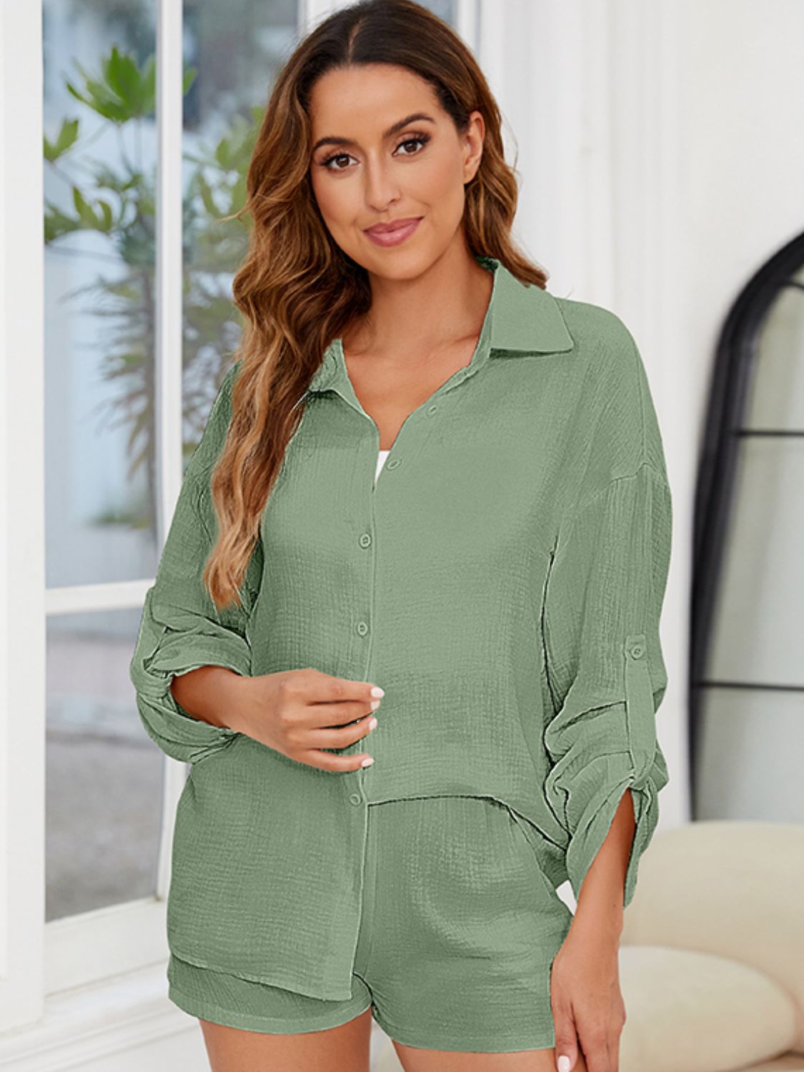 Button Up Long Sleeve Top and Shorts Set Women&