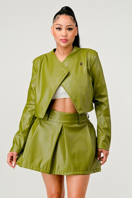 Button Up Pu Leather jacket and Skirt Set Green by Athina | Fleurcouture