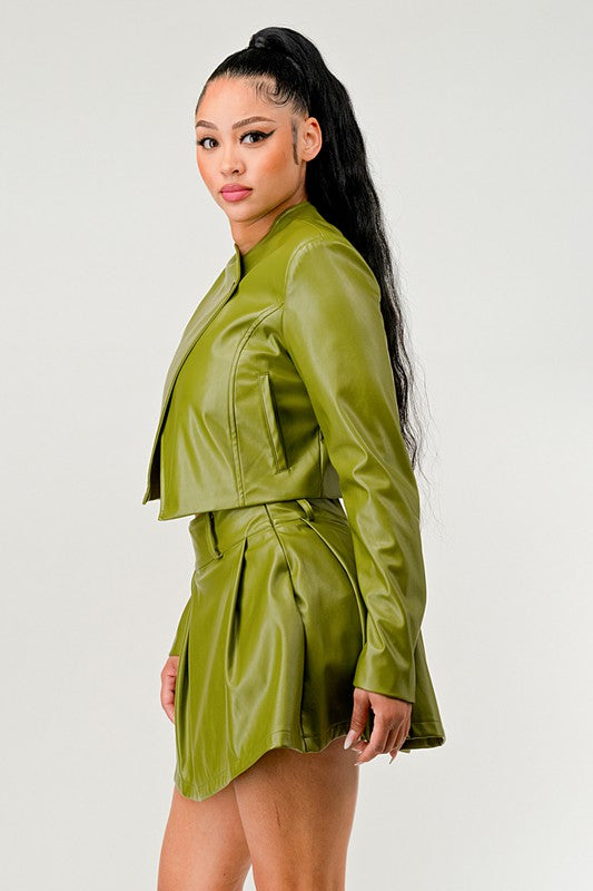 Button Up Pu Leather jacket and Skirt Set Green by Athina | Fleurcouture