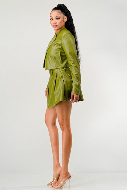 Button Up Pu Leather jacket and Skirt Set Green by Athina | Fleurcouture