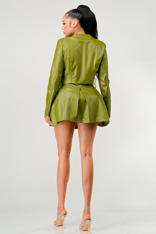 Button Up Pu Leather jacket and Skirt Set Green by Athina | Fleurcouture