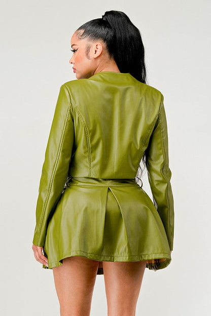 Button Up Pu Leather jacket and Skirt Set Green by Athina | Fleurcouture