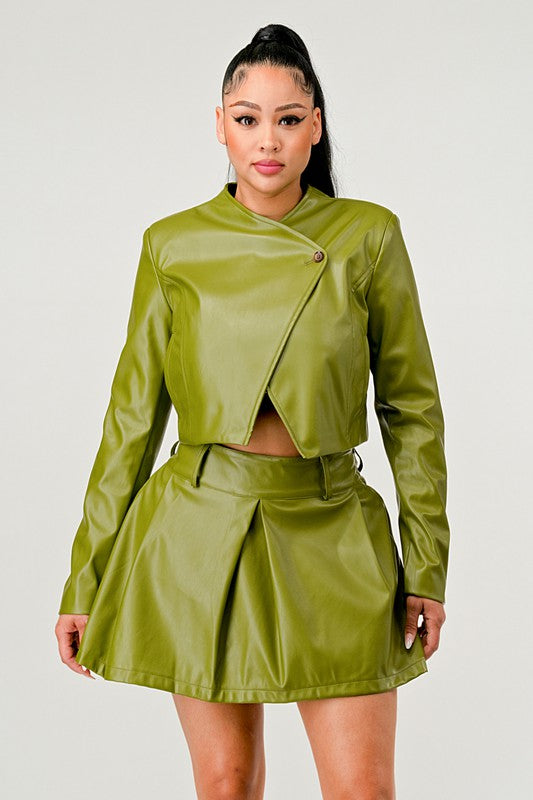 Button Up Pu Leather jacket and Skirt Set Green by Athina | Fleurcouture