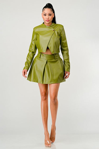 Button Up Pu Leather jacket and Skirt Set Green by Athina | Fleurcouture