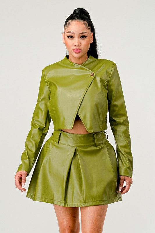 Button Up Pu Leather jacket and Skirt Set Green by Athina | Fleurcouture