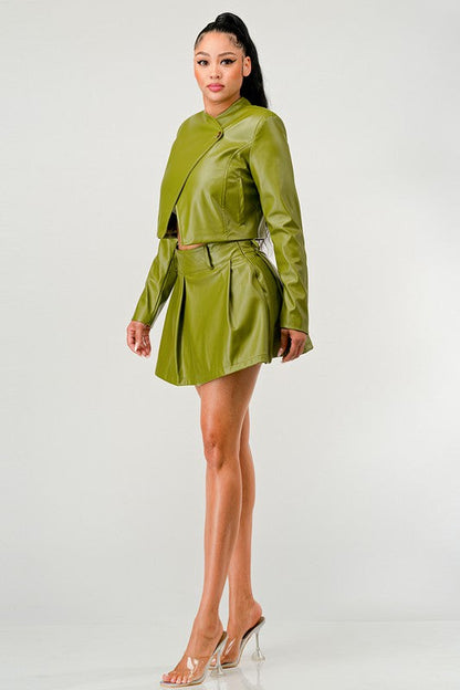 Button Up Pu Leather jacket and Skirt Set Green by Athina | Fleurcouture