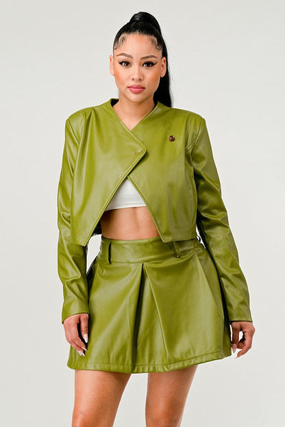 Button Up Pu Leather jacket and Skirt Set Green by Athina | Fleurcouture