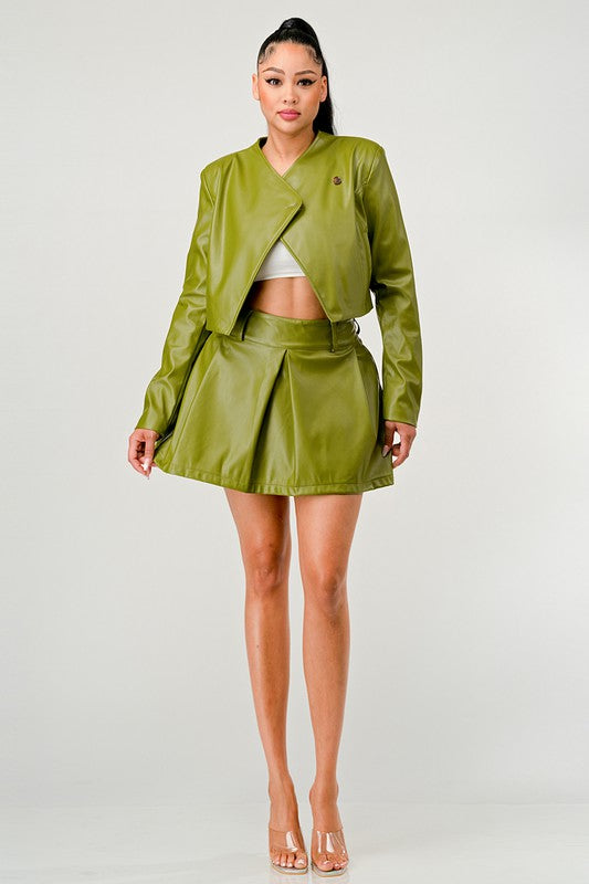 Button Up Pu Leather jacket and Skirt Set Green by Athina | Fleurcouture