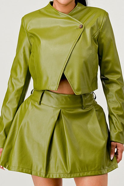 Button Up Pu Leather jacket and Skirt Set Green S by Athina | Fleurcouture