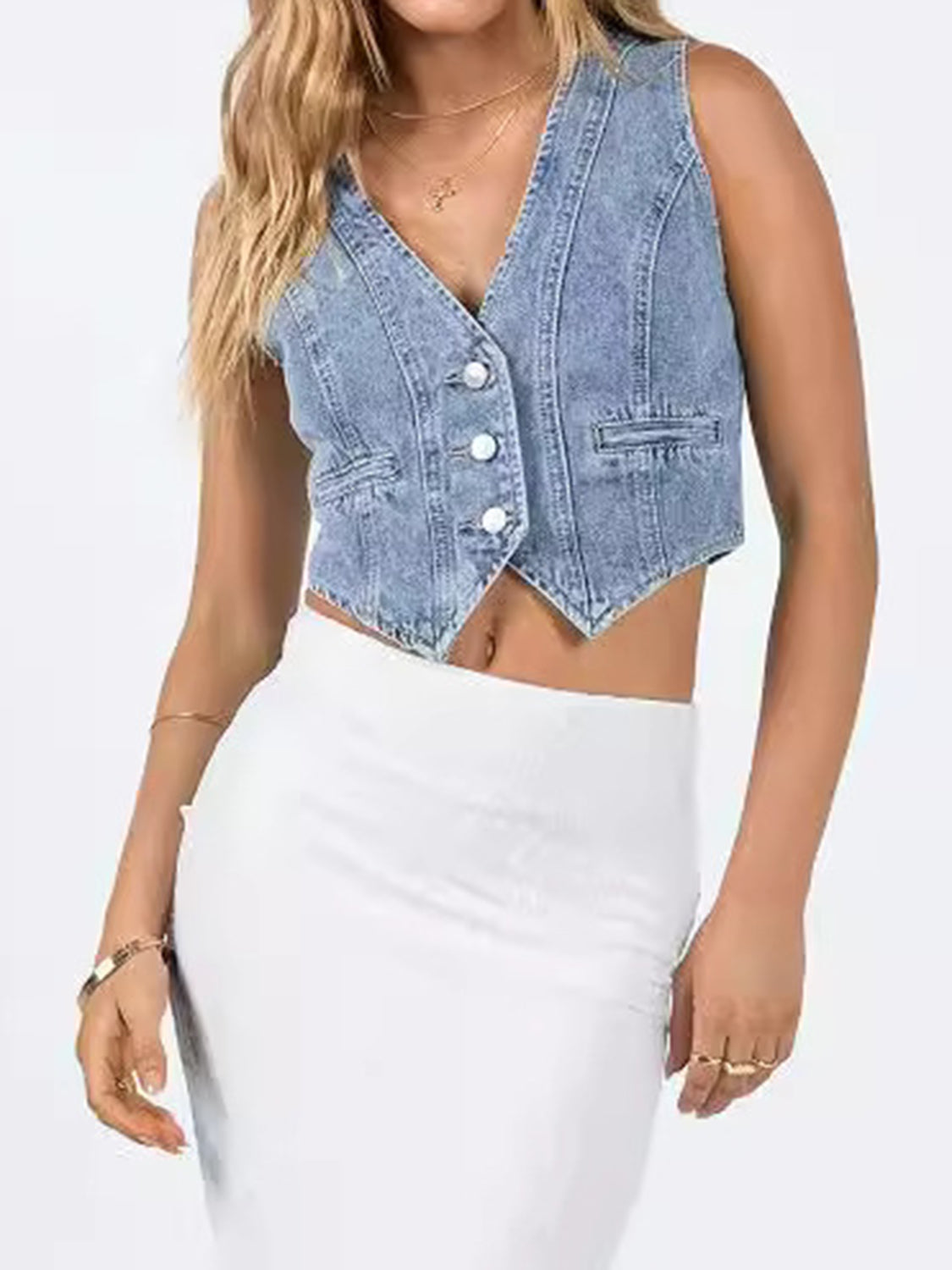 Button Up Sleeveless Denim Top Light Blue Women&