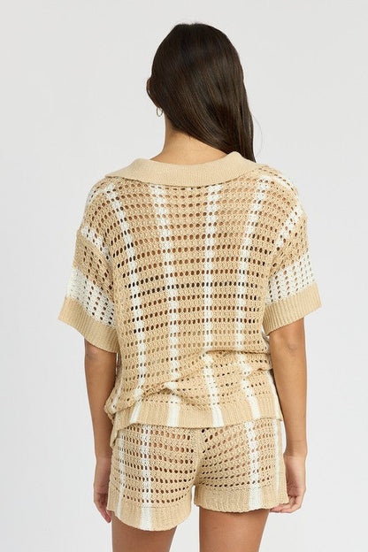 BUTTON UP STRIPED CROCHET TOP NATURAL STRIPE by Emory Park | Fleurcouture