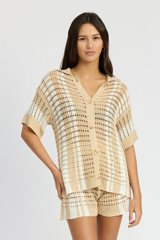 BUTTON UP STRIPED CROCHET TOP NATURAL STRIPE S by Emory Park | Fleurcouture