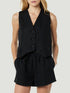 Button Up V-Neck Top and Pocketed Shorts Set Black S Women&