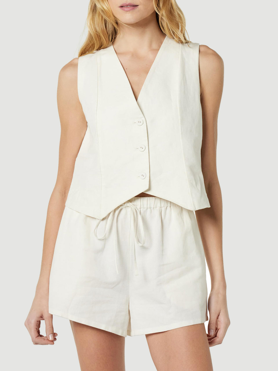 Button Up V-Neck Top and Pocketed Shorts Set White S Women&