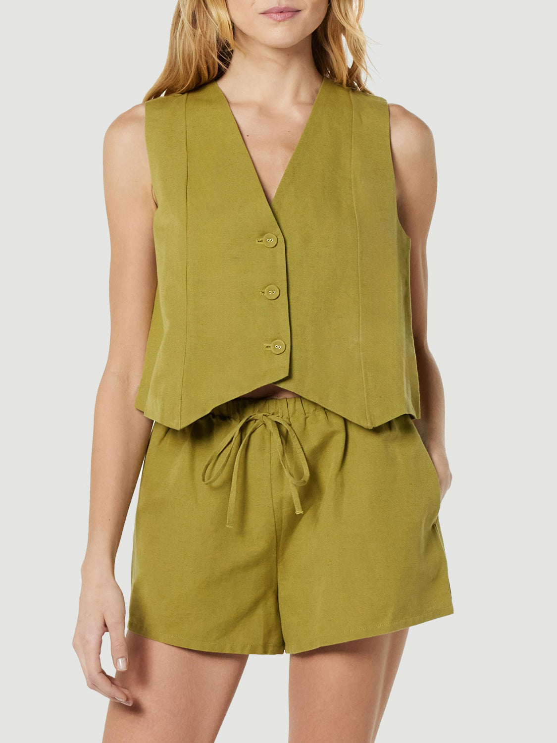 Button Up V-Neck Top and Pocketed Shorts Set Yellow-Green S Women&