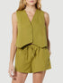 Button Up V-Neck Top and Pocketed Shorts Set Yellow-Green S Women&