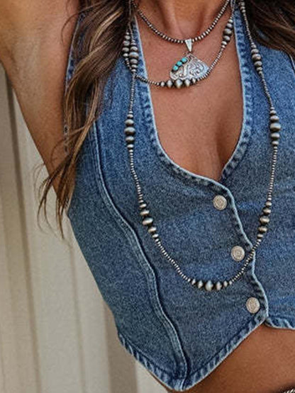 Buttoned V-Neck Denim Top Women&