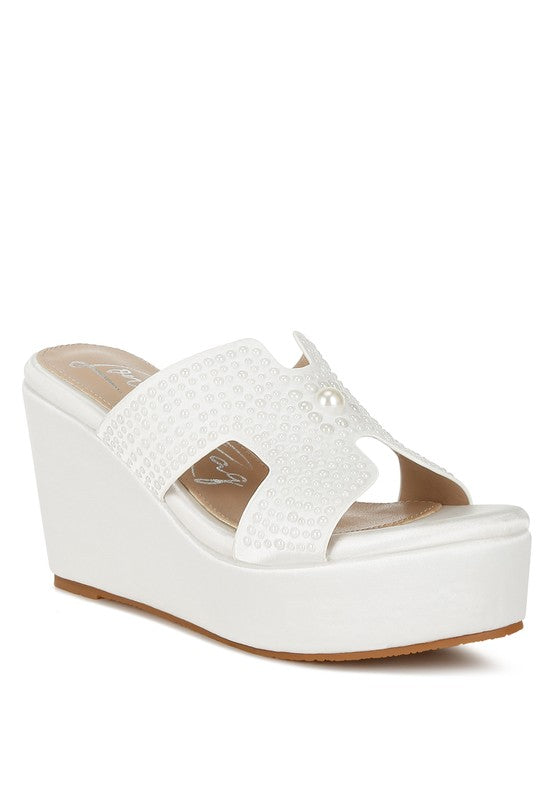 Renier Satin Pearl Detail Wedge Sandals