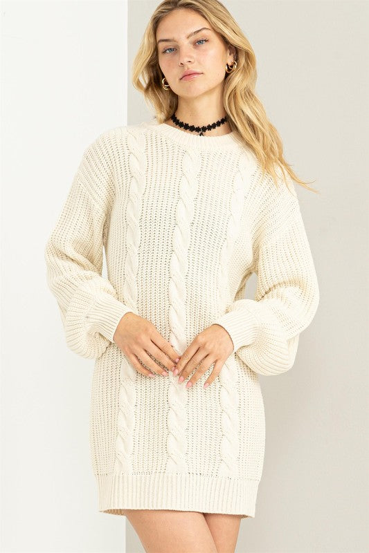 Cable-Knit Ribbed Mini Sweater Dress CREAM S by HYFVE | Fleurcouture