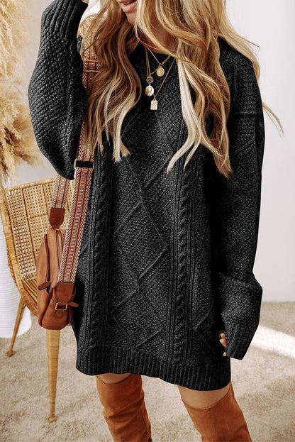 Cable-Knit Round Neck Sweater Dress Black S Women&