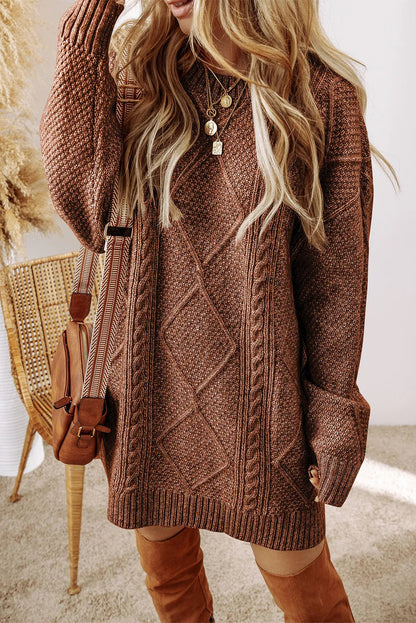 Cable-Knit Round Neck Sweater Dress Taupe M Women&