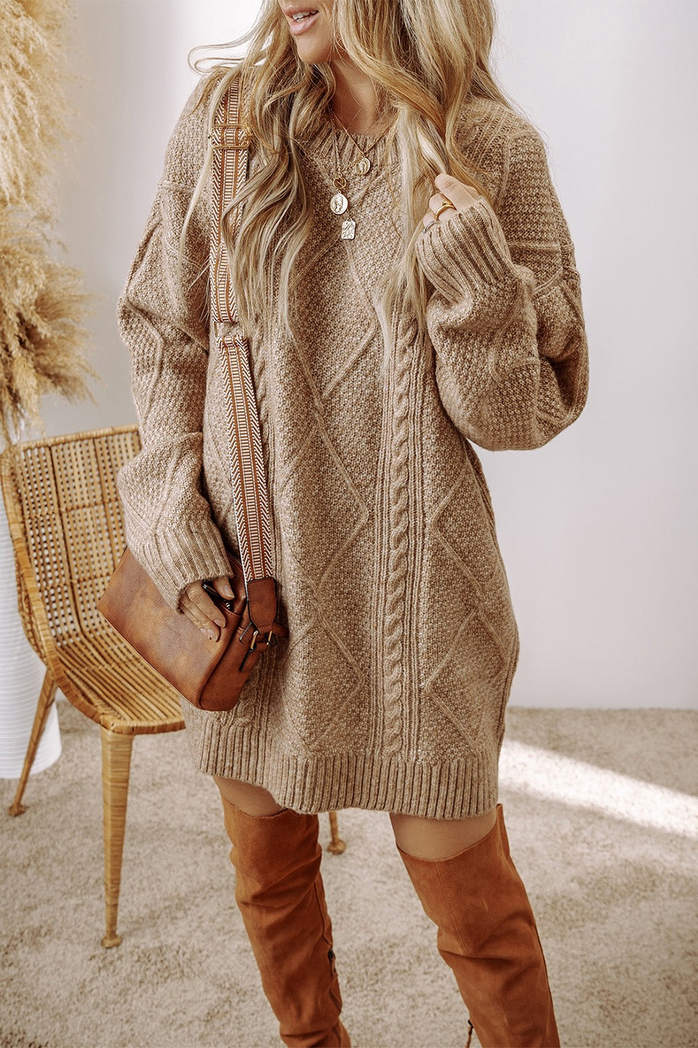 Cable-Knit Round Neck Sweater Dress Women&